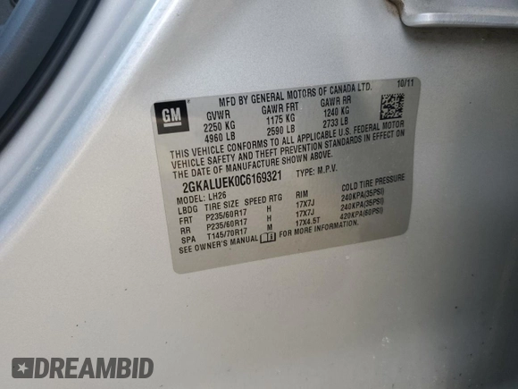 2012 GMC Terrain SLT-1 with VIN 2GKALUEK0C6169321, listed as a Copart auction lot 46476115 with 176,616 mi miles and Salvage Title. Bid and sale history available at DreamBid. Image 13.