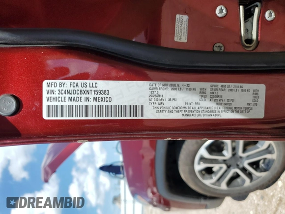 2022 Jeep Compass Limited with VIN 3C4NJDCBXNT159383, listed as a Copart auction lot 62136695 with 59,429 mi miles and Salvage title. Bid and sale history available at DreamBid. Image 13.