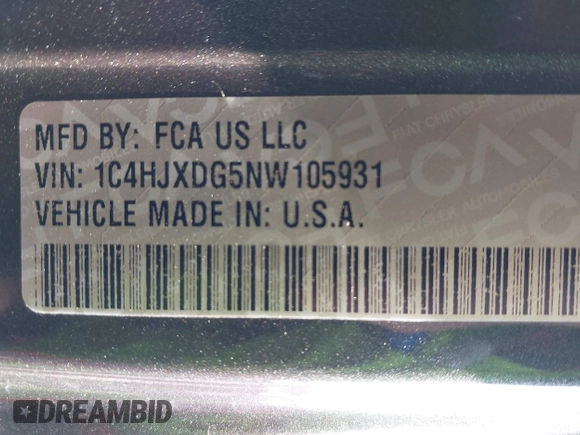 2022 Jeep Wrangler Unlimited Sport S with VIN 1C4HJXDG5NW105931, listed as a IAAI auction lot 42349628 with 37,314 mi miles and . Bid and sale history available at DreamBid. Image 9.