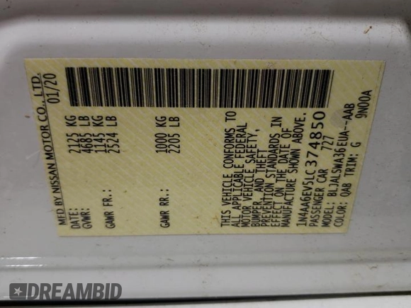 2020 Nissan Maxima SR z VIN 1N4AA6EV5LC374850, wystawiony jako Copart lot #55486855 z przebiegiem 127 967 mil mil oraz Szkoda całkowita • Salvage title. Historia ofert i sprzedaży dostępna na DreamBid. Obrazek 13.