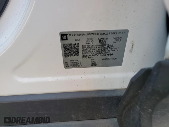 2020 GMC Terrain SLE with VIN 3GKALMEV1LL157586, listed as a Copart auction lot 56943315 with 38,118 mi miles and Salvage title. Bid and sale history available at DreamBid. Image 13.