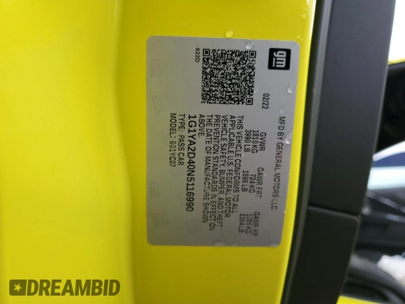 2022 Chevrolet Corvette 1LT with VIN 1G1YA2D40N5116990, listed as a Copart auction lot 84596974 with Not provided miles and Non repairable. Bid and sale history available at DreamBid. Image 13.
