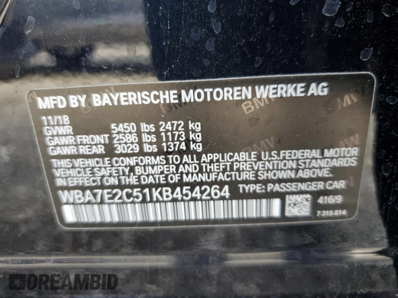 2019 BMW 7 Series 740i z VIN WBA7E2C51KB454264, wystawiony jako Copart lot #44275445 z przebiegiem 61 499 mil mil oraz Szkoda całkowita • Salvage title. Historia ofert i sprzedaży dostępna na DreamBid. Obrazek 13.