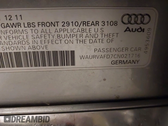 2012 Audi A8 with VIN WAURVAFD7CN021716, listed as a IAAI auction lot 42330229 with 97,359 mi miles and . Bid and sale history available at DreamBid. Image 9.
