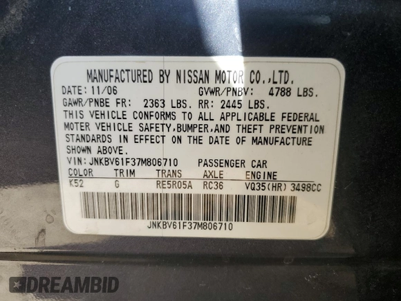 2007 Infiniti G35 Sedan G35x with VIN JNKBV61F37M806710, listed as a Copart auction lot 50420395 with 161,048 mi miles and Salvage Title. Bid and sale history available at carsss.com. Image 14.