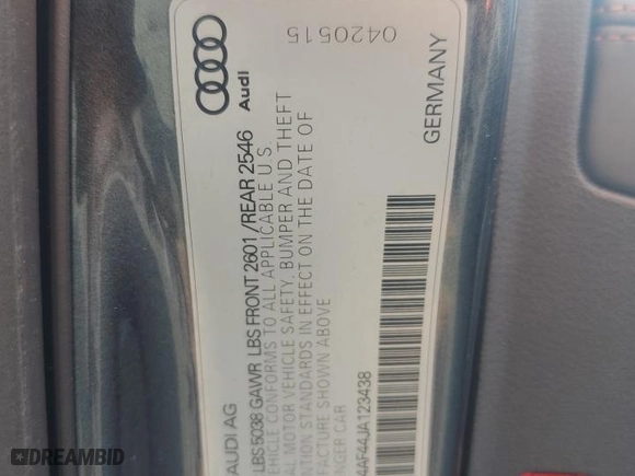 2018 Audi S4 Prestige with VIN WAUC4AF44JA123438, listed as a Copart auction lot 51455125 with 0 mi miles and Salvage Title. Bid and sale history available at carsss.com. Image 12.