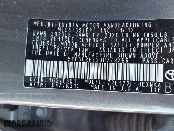 2018 Toyota Corolla L z VIN 5YFBURHE2JP779796, wystawiony jako IAAI lot #41796329 z przebiegiem 44 012 mil mil oraz . Historia ofert i sprzedaży dostępna na DreamBid. Obrazek 9.