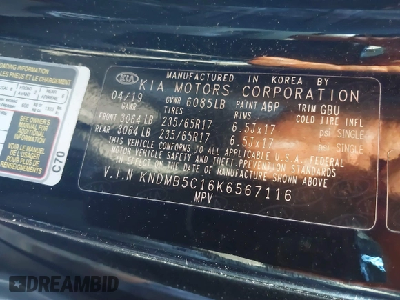 2019 Kia Sedona EX with VIN KNDMB5C16K6567116, listed as a IAAI auction lot 40785368 with 64,832 mi miles. Bid and sale history available at carsss.com. Image 9.