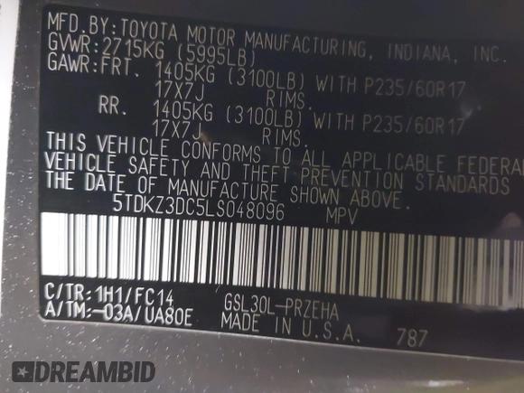 2020 Toyota Sienna LE Auto Access Seat with VIN 5TDKZ3DC5LS048096, listed as a IAAI auction lot 41821689 with 39,158 mi miles. Bid and sale history available at carsss.com. Image 9.