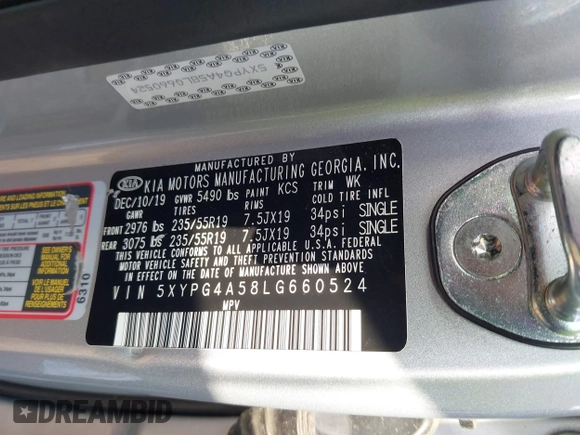 2020 Kia Sorento LX V6 with VIN 5XYPG4A58LG660524, listed as a IAAI auction lot 41505220 with 60,252 mi miles. Bid and sale history available at carsss.com. Image 9.