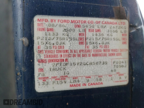 1986 Ford F-150 with VIN 2FTDF15Y2GCB58735, listed as a Copart auction lot 46732215 with 54,401 mi miles and Clean Title. Bid and sale history available at carsss.com. Image 12.