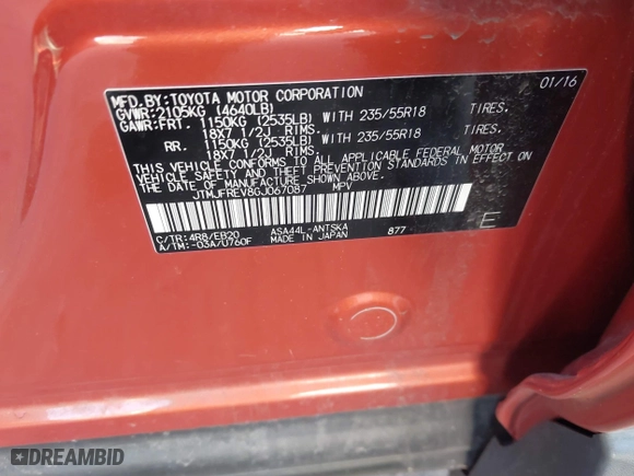 2016 Toyota RAV4 SE with VIN JTMJFREV8GJ067087, listed as a IAAI auction lot 41208202 with 139,009 mi miles. Bid and sale history available at carsss.com. Image 9.