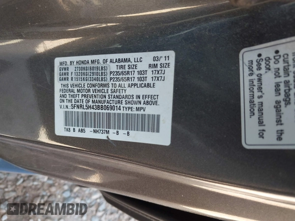 2011 Honda Odyssey EX with VIN 5FNRL5H43BB069014, listed as a IAAI auction lot 41902908 with 182,492 mi miles. Bid and sale history available at carsss.com. Image 9.