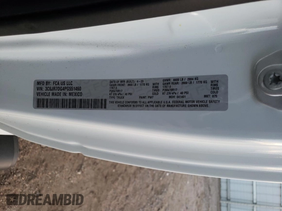 2023 Ram 1500 Tradesman with VIN 3C6JR7DG4PG551460, listed as a Copart auction lot 83994184 with 11,803 mi miles and Salvage title. Bid and sale history available at DreamBid. Image 12.