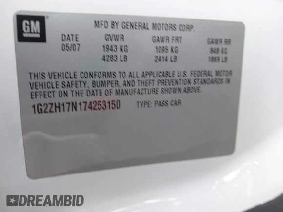 2007 Pontiac G6 GT with VIN 1G2ZH17N174253150, listed as a IAAI auction lot 42335192 with Not provided miles and . Bid and sale history available at DreamBid. Image 9.