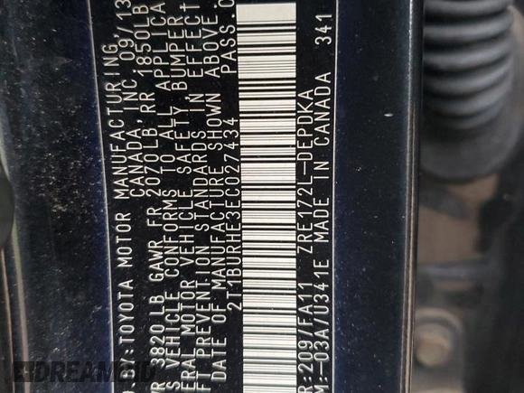 2014 Toyota Corolla L z VIN 2T1BURHE3EC027434, wystawiony jako Copart lot #59148045 z przebiegiem 117 527 mil mil oraz Szkoda całkowita • Salvage title. Historia ofert i sprzedaży dostępna na DreamBid. Obrazek 12.
