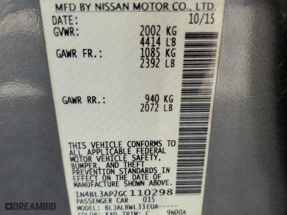 2016 Nissan Altima 3.5 SL with VIN 1N4BL3AP2GC110298, listed as a Copart auction lot 50576395 with 62,051 mi miles and Non Repairable. Bid and sale history available at carsss.com. Image 13.