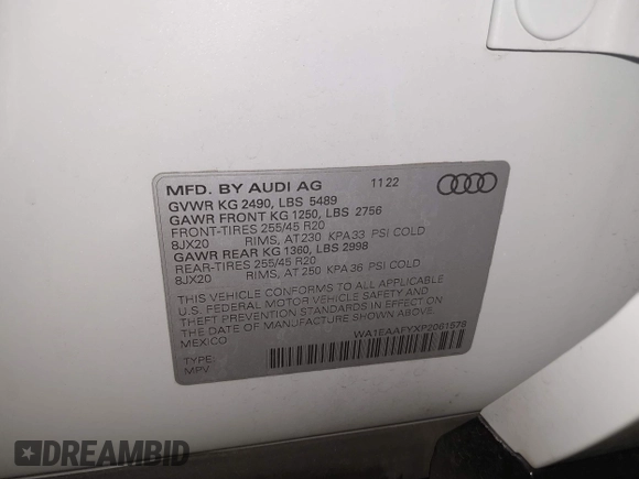 2023 Audi Q5 S line Premium Plus with VIN WA1EAAFYXP2061578, listed as a IAAI auction lot 42338898 with 20,190 mi miles and . Bid and sale history available at DreamBid. Image 9.