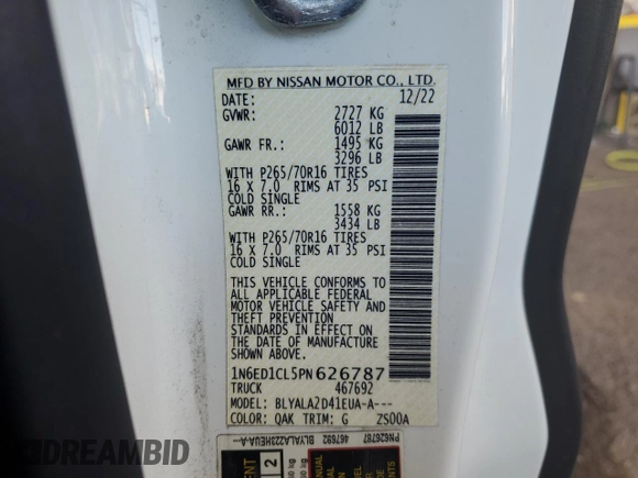 2023 Nissan Frontier S with VIN 1N6ED1CL5PN626787, listed as a Copart auction lot 57872105 with 41,454 mi miles and Clean title. Bid and sale history available at DreamBid. Image 13.