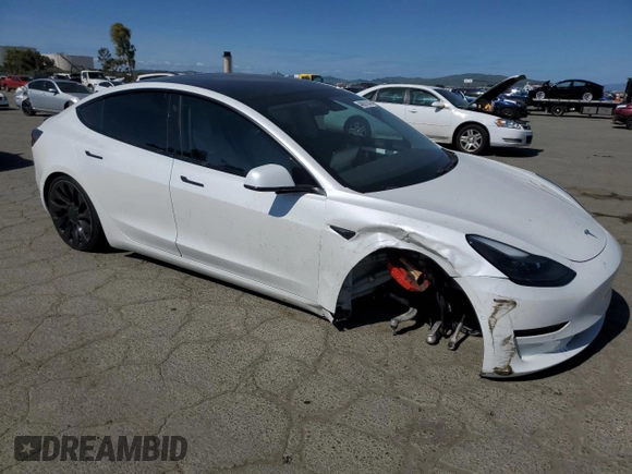 2021 Tesla Model 3 Performance with VIN 5YJ3E1EC5MF077493, listed as a Copart auction lot 48067045 with 44,285 mi miles and Salvage Title. Bid and sale history available at DreamBid. Image 4.