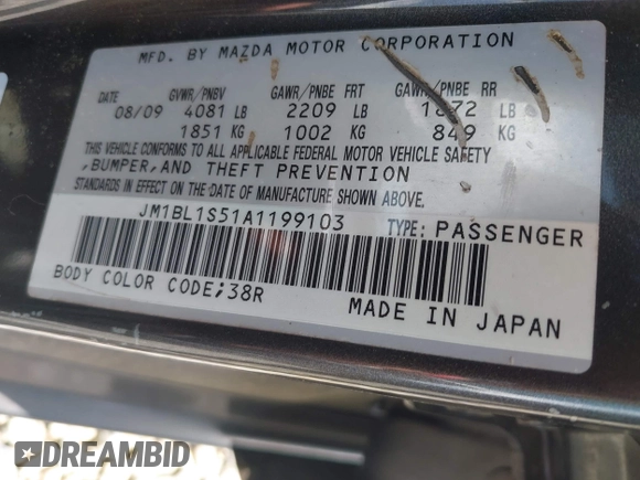 2010 Mazda 3 S Grand Touring with VIN JM1BL1S51A1199103, listed as a IAAI auction lot 41946205 with 190,918 mi miles and . Bid and sale history available at carsss.com. Image 9.