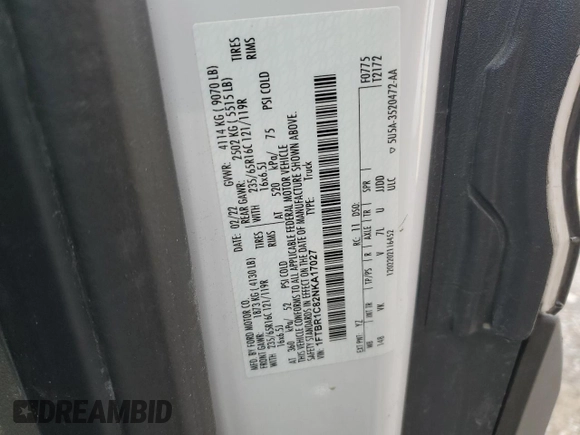 2022 Ford Transit Cargo with VIN 1FTBR1C82NKA17027, listed as a Copart auction lot 45346305 with 45,358 mi miles and Salvage Title. Bid and sale history available at DreamBid. Image 13.