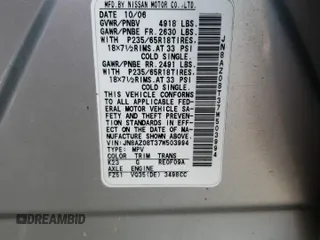 2007 Nissan Murano SL z VIN JN8AZ08T37W503994, wystawiony jako Copart lot #56213135 z przebiegiem 232 578 mil mil oraz Szkoda całkowita • Salvage title. Historia ofert i sprzedaży dostępna na DreamBid. Obrazek 13.