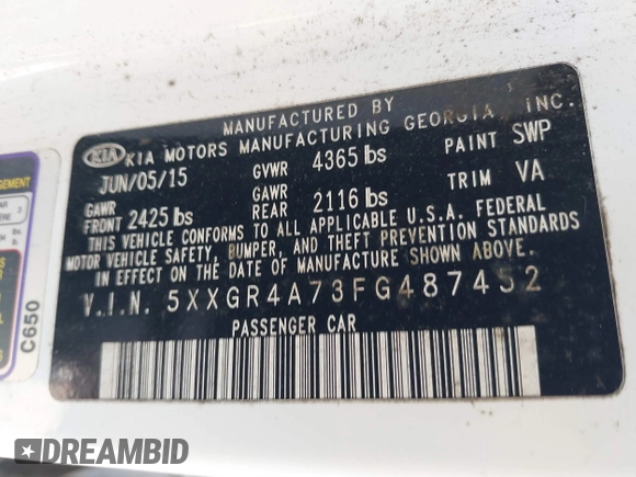 2015 Kia Optima SX with VIN 5XXGR4A73FG487452, listed as a IAAI auction lot 41701755 with 131,922 mi miles and . Bid and sale history available at carsss.com. Image 9.