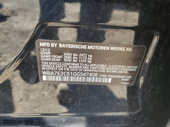 2016 BMW 7 Series 740i with VIN WBA7E2C51GG547408, listed as a Copart auction lot 44463995 with 152,626 mi miles and Salvage Title. Bid and sale history available at carsss.com. Image 14.