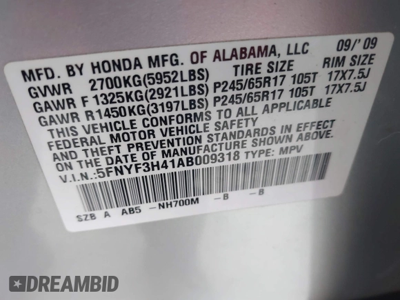 2010 Honda Pilot EX with VIN 5FNYF3H41AB009318, listed as a IAAI auction lot 41759335 with 231,174 mi miles and . Bid and sale history available at carsss.com. Image 9.