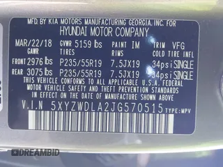 2018 Hyundai Santa Fe Ultimate with VIN 5XYZWDLA2JG570515, listed as a IAAI auction lot 41427397 with 67,135 mi miles and . Bid and sale history available at DreamBid. Image 9.