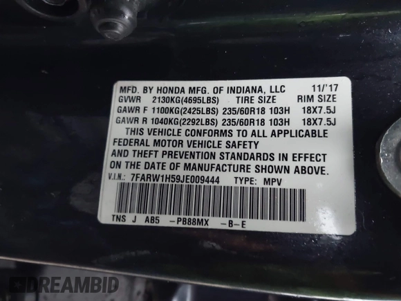 2018 Honda CR-V EX with VIN 7FARW1H59JE009444, listed as a IAAI auction lot 41903904 with 179,978 mi miles. Bid and sale history available at carsss.com. Image 9.