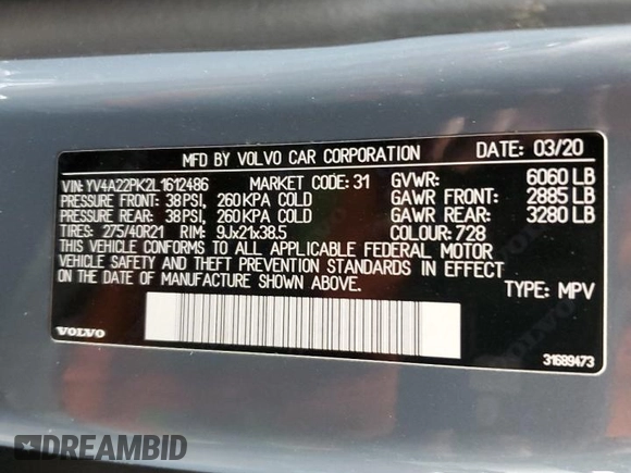 2020 Volvo XC90 Momentum with VIN YV4A22PK2L1612486, listed as a Copart auction lot 49183495 with 54,861 mi miles and Salvage Title. Bid and sale history available at carsss.com. Image 14.
