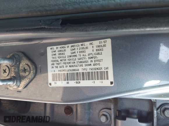 2007 Honda Accord LX с VIN 1HGCM56487A088049, выставлен на аукционе IAAI как лот 42103774 с пробегом 219 770 миль миль и . История ставок и продаж доступна на DreamBid. Изображение 9.