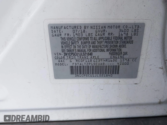 2018 Nissan Kicks SV with VIN 3N1CP5CU1JL521840, listed as a IAAI auction lot 41585895 with 79,824 mi miles and . Bid and sale history available at DreamBid. Image 9.