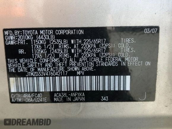 2007 Toyota RAV4 with VIN JTMZD33V476042117, listed as a Copart auction lot 54201945 with 162,368 mi miles and Clean Title. Bid and sale history available at carsss.com. Image 13.