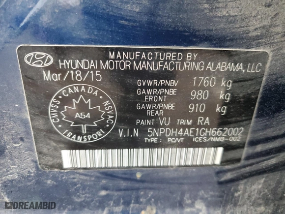 2016 Hyundai Elantra SE with VIN 5NPDH4AE1GH662002, listed as a Copart auction lot 85233514 with 144,743 mi miles and Salvage Title. Bid and sale history available at carsss.com. Image 12.