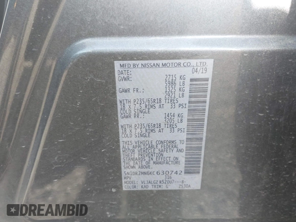 2019 Nissan Pathfinder S with VIN 5N1DR2MN6KC630742, listed as a IAAI auction lot 42081252 with 118,448 mi miles and . Bid and sale history available at DreamBid. Image 9.