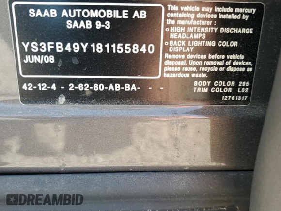 2008 Saab 9-3 with VIN YS3FB49Y181155840, listed as a Copart auction lot 52521425 with 106,588 mi miles and Salvage Title. Bid and sale history available at carsss.com. Image 12.