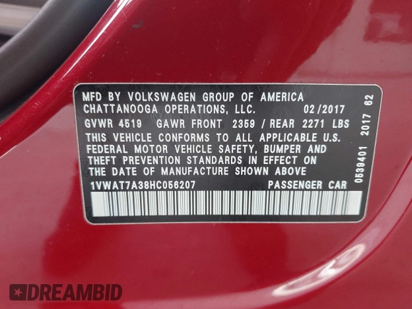 2017 Volkswagen Passat S z VIN 1VWAT7A38HC056207, wystawiony jako IAAI lot #42586003 z przebiegiem 114 329 mil mil oraz . Historia ofert i sprzedaży dostępna na DreamBid. Obrazek 9.