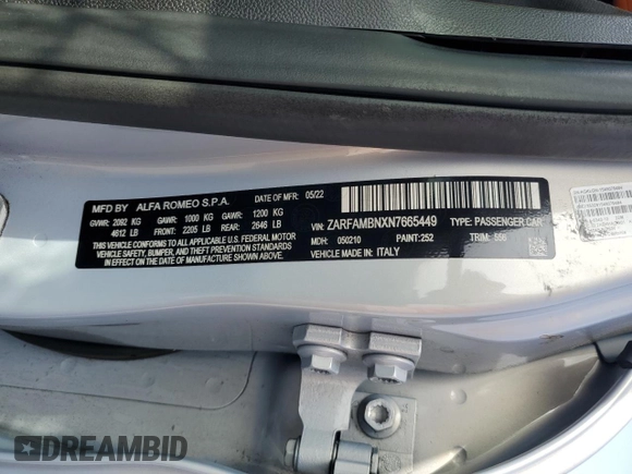2022 Alfa Romeo Giulia Ti with VIN ZARFAMBNXN7665449, listed as a Copart auction lot 60749345 with Not provided miles and Salvage title. Bid and sale history available at DreamBid. Image 12.