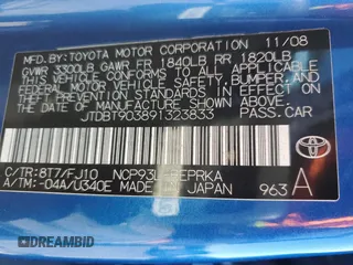 2009 Toyota Yaris with VIN JTDBT903891323833, listed as a Copart auction lot 47460975 with 134,524 mi miles and Salvage Title. Bid and sale history available at DreamBid. Image 12.