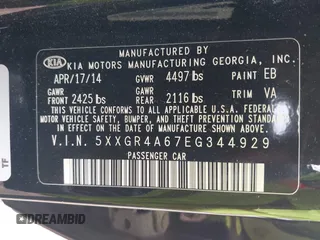 2014 Kia Optima SX Turbo with VIN 5XXGR4A67EG344929, listed as a IAAI auction lot 42638108 with 139,373 mi miles and . Bid and sale history available at DreamBid. Image 9.