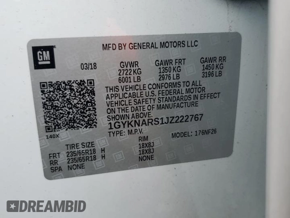 2018 Cadillac XT5 FWD with VIN 1GYKNARS1JZ222767, listed as a Copart auction lot 57989015 with 33,464 mi miles and Salvage title. Bid and sale history available at DreamBid. Image 14.