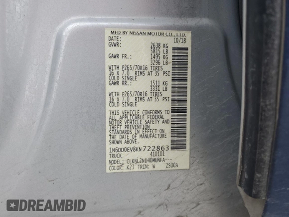 2019 Nissan Frontier Pro-4X with VIN 1N6DD0EV8KN722863, listed as a Copart auction lot 42442565 with 138,891 mi miles and Salvage title. Bid and sale history available at DreamBid. Image 13.