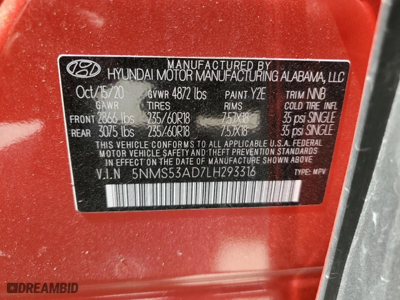 2020 Hyundai Santa Fe Limited with VIN 5NMS53AD7LH293316, listed as a Copart auction lot 49609505 with 7,352 mi miles and Salvage Title. Bid and sale history available at carsss.com. Image 14.