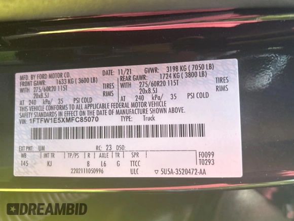 2021 Ford F-150 XL с VIN 1FTFW1E5XMFC85070, выставлен на аукционе Copart как лот 66179415 с пробегом 26 866 миль миль и Чистый • Clean title. История ставок и продаж доступна на DreamBid. Изображение 10.