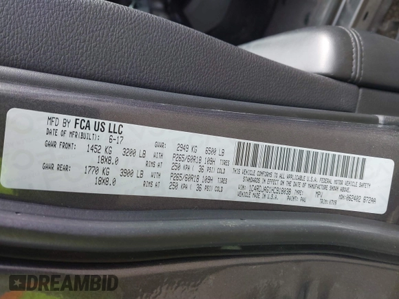 2017 Dodge Durango SXT with VIN 1C4RDJAG1HC918038, listed as a IAAI auction lot 41599549 with 93,417 mi miles and . Bid and sale history available at DreamBid. Image 9.