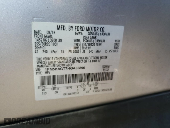 2017 Ford Explorer Sport with VIN 1FM5K8GT7HGA55896, listed as a Copart auction lot 85454684 with 89,526 mi miles and Salvage Title. Bid and sale history available at DreamBid. Image 15.