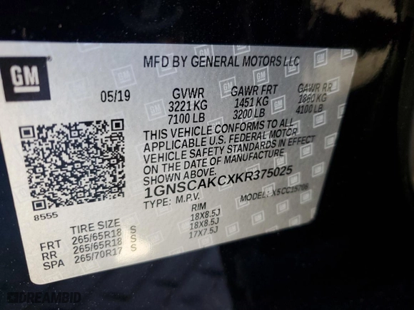 2019 Chevrolet Tahoe LS with VIN 1GNSCAKCXKR375025, listed as a Copart auction lot 86078054 with 0 mi miles and Salvage Title. Bid and sale history available at carsss.com. Image 12.